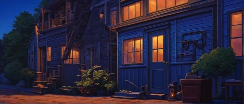 blue door,blue doors,brownstone,blue hour,night scene,apartment house,evening atmosphere,in the evening,alley,alleyway,studio ghibli,blue lamp,townhouses,row houses,violet evergarden,summer evening,old linden alley,blue painting,an apartment,neighborhood,Conceptual Art,Daily,Daily 27