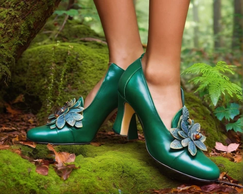 forest floor,leprechaun shoes,garden shoe,enchanted forest,fairy forest,ballerina in the woods,elven forest,stiletto-heeled shoe,wizard of oz,heeled shoes,fairytale forest,green forest,talons,cinderella shoe,forest clover,outdoor shoe,flapper shoes,high heel shoes,pointed shoes,jelly shoes,Illustration,Retro,Retro 20