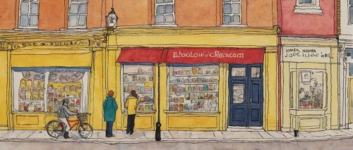 watercolor shops,notting hill,bookshop,store fronts,watercolor cafe,watercolor tea shop,old street,shopkeeper,bookstore,fuller's london pride,deli,colored pencil background,book store,storefront,kitchen shop,shop window,greengrocer,pastry shop,store front,colour pencils,Illustration,Paper based,Paper Based 21