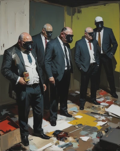 mafia,preachers,reservoir,businessmen,authorities,suit of spades,fraternity,secret service,the consignment,crime scene,garbage lot,boardroom,security department,police crime scene,spills,clean up,trash dump,business men,men sitting,contemporary witnesses,Conceptual Art,Oil color,Oil Color 01