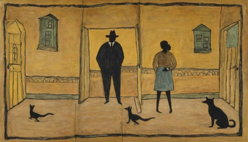 american gothic,olle gill,two people,khokhloma painting,man and wife,folk art,sewing silhouettes,two cats,vincent van gough,house silhouette,black couple,1920s,silhouette of man,standing man,man and woman,art dealer,el salvador dali,gentleman icons,1921,man silhouette,Art,Artistic Painting,Artistic Painting 47