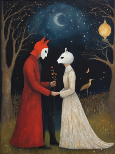 red riding hood,wedding couple,masquerade,the ceremony,honeymoon,matrimony,little red riding hood,ceremony,couple boy and girl owl,wolf couple,bird couple,bride and groom,dancing couple,danse macabre,the hands embrace,silver wedding,fox and hare,dance of death,young couple,wedding invitation,Illustration,Abstract Fantasy,Abstract Fantasy 15
