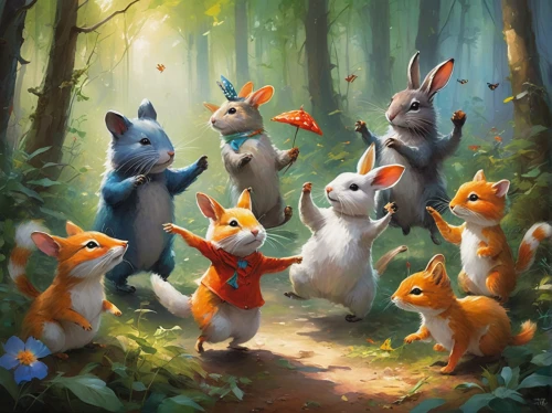 rabbit family,happy children playing in the forest,rabbits and hares,rabbits,woodland animals,bunnies,cartoon forest,hare trail,forest animals,in the forest,orchestra,fairy forest,forest walk,children's background,whimsical animals,easter rabbits,hares,easter festival,gathering,forest glade,Conceptual Art,Oil color,Oil Color 03