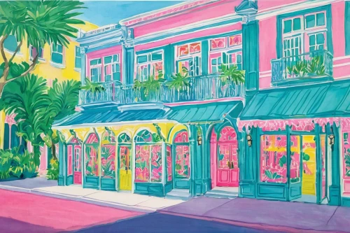 french quarters,watercolor shops,coconut grove,key west,new orleans,south beach,palmbeach,store fronts,watercolor cafe,facade painting,pastry shop,awnings,broadway at beach,charleston,flower shop,ice cream parlor,fort lauderdale,watercolor palm trees,watercolor tea shop,colored pencil background,Art,Artistic Painting,Artistic Painting 50