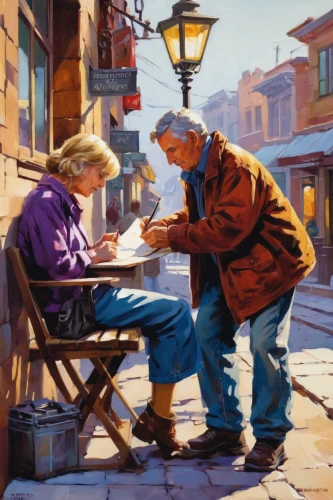 italian painter,street artists,painting technique,people reading newspaper,oil painting,old couple,artists,art painting,street artist,meticulous painting,oil painting on canvas,vendors,elderly people,street scene,caricaturist,street cafe,artist,table artist,painting,old age,Conceptual Art,Oil color,Oil Color 09