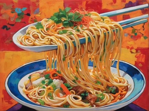spaghetti aglio e olio,lo mein,spaghetti alla puttanesca,capellini,yakisoba,cellophane noodles,singapore-style noodles,colorful pasta,chowmein,noodle soup,noodle bowl,spaguetti,thai noodles,noodle image,spaghetti,fried noodles,chinese noodles,feast noodles,indomie,linguine,Conceptual Art,Oil color,Oil Color 25