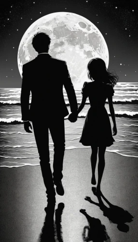 vintage couple silhouette,father daughter dance,moon walk,couple silhouette,ballroom dance silhouette,vintage boy and girl,romantic night,vintage man and woman,the night of kupala,silhouette art,honeymoon,romantic scene,photomontage,man and woman,man and wife,retro 1950's clip art,the luv path,the moon and the stars,love story,two people,Illustration,Black and White,Black and White 09