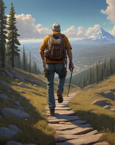 mountain guide,hiker,the wanderer,mountaineers,the spirit of the mountains,backpacking,mountain hiking,free wilderness,game illustration,world digital painting,mountain boots,adventurer,end of the trail,american frontier,trail,game art,mountaineer,alpine crossing,digital painting,hiking path,Illustration,Realistic Fantasy,Realistic Fantasy 28