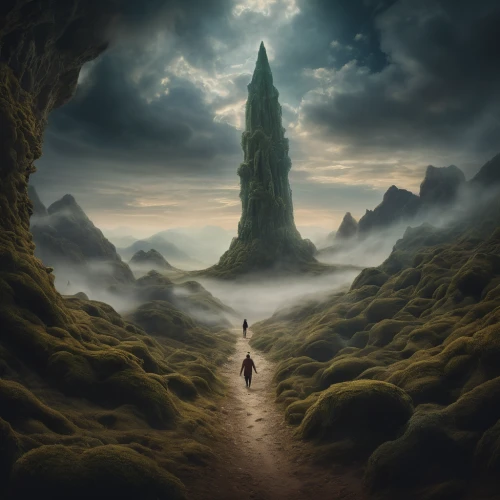fantasy landscape,the mystical path,fantasy picture,pilgrimage,the path,fantasy art,valley of desolation,photomanipulation,hollow way,threshold,road of the impossible,3d fantasy,journey,world digital painting,the wanderer,myst,wanderer,descent,place of pilgrimage,photo manipulation,Photography,General,Cinematic