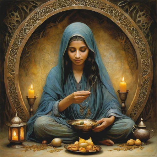 praying woman,woman praying,girl praying,candlemas,the prophet mary,candlemaker,fortune teller,priestess,fortune telling,offering,eucharist,fatima,mystical portrait of a girl,sacred art,prayer,holy supper,seven sorrows,islamic girl,devotion,muslim woman,Illustration,Realistic Fantasy,Realistic Fantasy 14