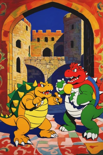 super mario brothers,fuel-bowser,petrol-bowser,gordes,castleguard,snes,mario bros,yoshi,game illustration,castle de sao jorge,super nintendo,parcheesi,mosaics,taormina,dragon slayers,castles,guards of the canyon,sword fighting,mural,murals,Art,Artistic Painting,Artistic Painting 40