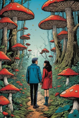 toadstools,mushroom landscape,fly agaric,mushroom island,agaric,red fly agaric mushrooms,forest mushrooms,cartoon forest,mushrooms,mushrooming,alice in wonderland,red fly agaric,umbrella mushrooms,wonderland,a fairy tale,red fly agaric mushroom,forest mushroom,toadstool,fly amanita,parasols,Illustration,American Style,American Style 14