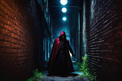 hooded man,alleyway,alley,blind alley,grimm reaper,cosplay image,red lantern,wizard,old linden alley,darth talon,daredevil,red hood,dodge warlock,the wizard,lamplighter,the nun,assassin,red coat,enter,dracula,Illustration,Realistic Fantasy,Realistic Fantasy 45