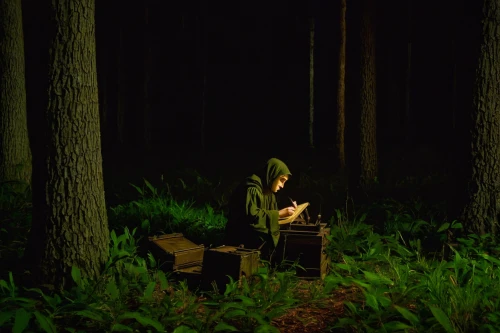 forest man,bushcraft,woodsman,the night of kupala,campfires,campfire,forest workplace,the woods,farmer in the woods,camping,forest dark,fireflies,hooded man,in the forest,the forest,firefly,camping chair,camping equipment,camp fire,night watch,Art,Classical Oil Painting,Classical Oil Painting 22
