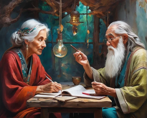 old couple,fortune telling,exchange of ideas,ball fortune tellers,monks,conversation,fortune teller,meticulous painting,tutor,tutoring,contemporary witnesses,examining,grandparents,chinese art,old age,oriental painting,children studying,theoretician physician,study,consultation,Illustration,Paper based,Paper Based 04