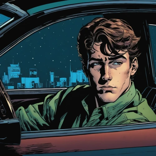 star-lord peter jason quill,drive,ford prefect,cab driver,riddler,austin cambridge,driver,john doe,passenger,drive-in,robert harbeck,brock coupe,nite owl,freeway,detail shot,behind the wheel,night highway,green jacket,jack rose,steve rogers,Illustration,American Style,American Style 08
