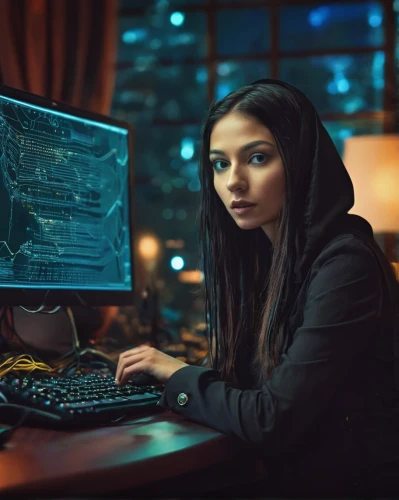 girl at the computer,cyber crime,women in technology,kasperle,night administrator,cybersecurity,cyber security,hacker,computer security,computer code,hacking,barebone computer,cyberpunk,computer business,cyber,computer freak,anonymous hacker,cybercrime,dispatcher,spy,Illustration,Realistic Fantasy,Realistic Fantasy 37