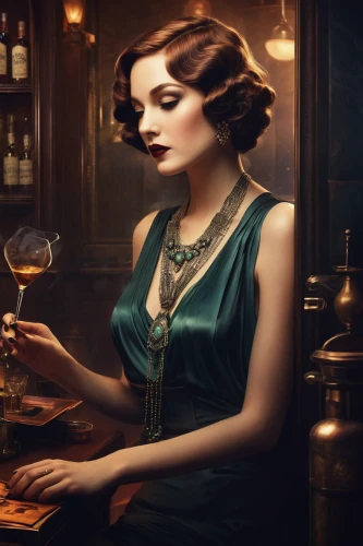 vesper,barmaid,absinthe,bartender,art deco woman,vintage woman,watchmaker,twenties women,female alcoholism,digital compositing,distilled beverage,apothecary,vintage women,brandy shop,transistor,blended malt whisky,cocktail dress,victorian lady,single malt whisky,dressmaker,Illustration,Realistic Fantasy,Realistic Fantasy 15