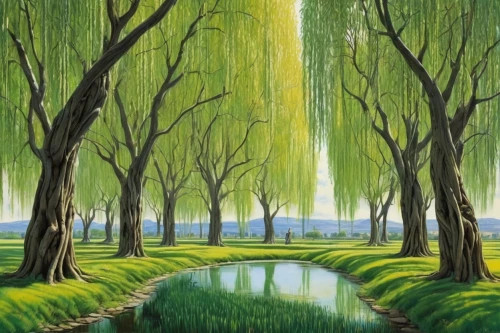 green trees with water,weeping willow,row of trees,green trees,tree grove,green forest,green landscape,tree-lined avenue,grove of trees,forest landscape,bamboo forest,poplar tree,birch forest,the trees,green fields,riparian forest,green meadow,brook landscape,tree lined,trees with stitching,Art,Classical Oil Painting,Classical Oil Painting 02