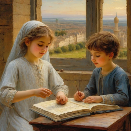 children studying,child with a book,children learning,emile vernon,school children,bouguereau,children drawing,blessing of children,readers,tutor,little boy and girl,young couple,hymn book,little angels,children,child portrait,tutoring,childs,children girls,girl studying,Art,Classical Oil Painting,Classical Oil Painting 13