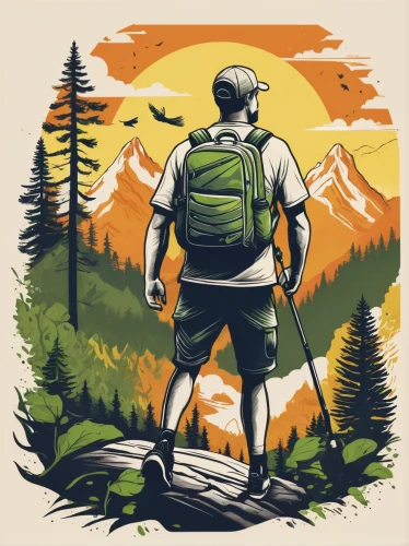 hiker,mountain guide,hiking equipment,hikers,backpacking,free wilderness,trekking poles,mountain hiking,outdoor recreation,mountaineer,backpacker,hike,hiking,mountaineers,trekking pole,trekking,forest workers,nationalpark,wilderness,vector illustration,Illustration,Retro,Retro 09