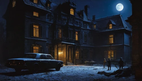 night scene,midnight snow,night snow,brownstone,moonlit night,clue and white,winter house,hogwarts,night image,apartment house,ghost castle,at night,snow scene,nighttime,snowhotel,snowed in,wintry,victorian,witch's house,moonlit,Art,Classical Oil Painting,Classical Oil Painting 10
