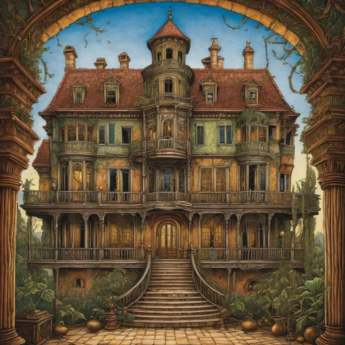victorian house,the threshold of the house,fairy tale castle,victorian,magic castle,doll's house,witch's house,dandelion hall,mansion,ancient house,art nouveau,apartment house,the haunted house,ghost castle,victorian style,gold castle,two story house,house in the forest,town house,large home,Art,Classical Oil Painting,Classical Oil Painting 28