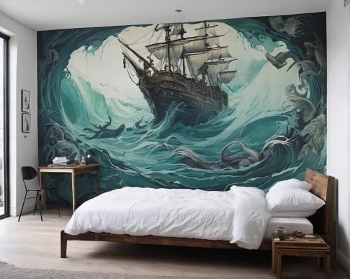 duvet cover,wall sticker,wall decoration,wall art,wall decor,sleeping room,poseidon,aquarium decor,children's bedroom,great room,tapestry,boy's room picture,modern decor,guest room,ocean background,kids room,mermaid background,pirate ship,wall painting,sea fantasy,Conceptual Art,Fantasy,Fantasy 10