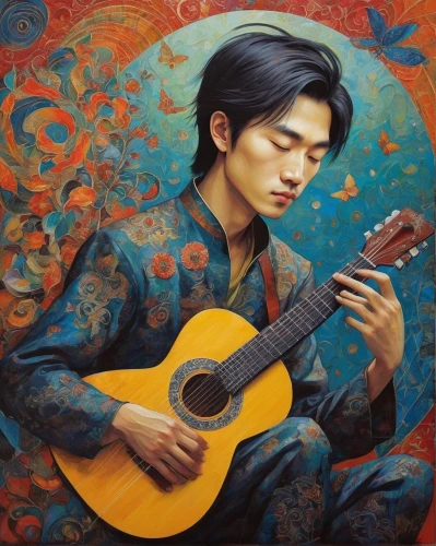 classical guitar,choi kwang-do,cavaquinho,guitar player,musician,guitar,luo han guo,charango,concert guitar,jazz guitarist,persian poet,guitarist,flamenco,han thom,serenade,songpyeon,chinese art,shamisen,mandolin,violin player,Illustration,Abstract Fantasy,Abstract Fantasy 07