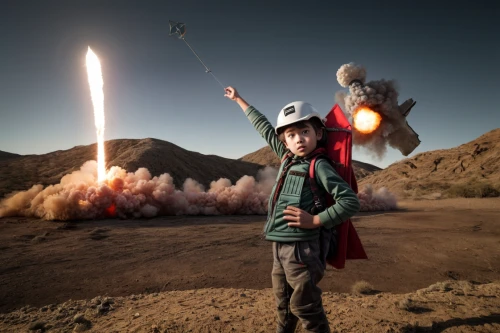 rocket launch,fireworks rockets,mission to mars,burning man,astronautics,pyrogames,rockets,cosmonautics day,digital compositing,pyrotechnic,photographing children,rocketship,rocket,fire kite,children of war,pyrotechnics,photo manipulation,conceptual photography,launch,astronaut