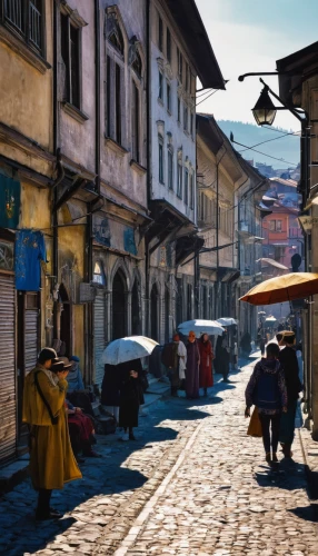 sarajevo,srinagar,kathmandu,street scene,medieval street,marketplace,stone town,sibiu,istanbul,grand bazaar,lucca,bazaar,medieval market,vendors,narrow street,balkans,old city,bansko,souk,old town,Illustration,Paper based,Paper Based 21