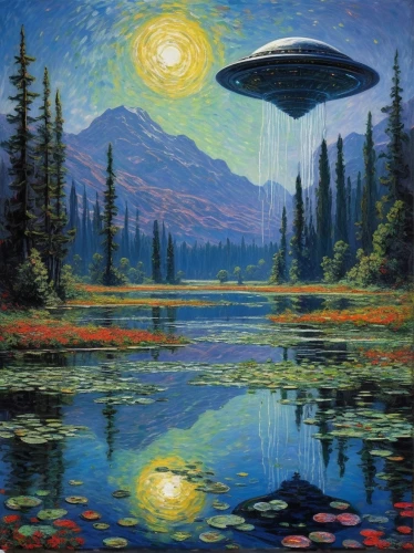 ufos,ufo,ufo intercept,saucer,space art,flying saucer,extraterrestrial,extraterrestrial life,ufo interior,aliens,aurora borealis,alien world,planet alien sky,alien planet,brauseufo,abduction,oil on canvas,cosmos,andromeda,unidentified flying object,Art,Artistic Painting,Artistic Painting 04