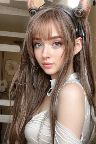 realdoll,doll looking in mirror,artificial hair integrations,anime girl,bangs,female doll,doll's facial features,doll paola reina,hair clip,eurasian,girl doll,girl pony,pigtail,hair accessories,japanese doll,fizzy,pale,hair accessory,hair ribbon,model doll