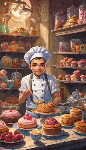 bakery,sufganiyah,pastry shop,confectioner,pastry chef,sweet pastries,bakery products,pastries,pâtisserie,thirteen desserts,gingerbread maker,girl in the kitchen,pan dulce,chocolatier,cake shop,donut illustration,doll kitchen,sweetmeats,zeppole,desserts,Illustration,Abstract Fantasy,Abstract Fantasy 11