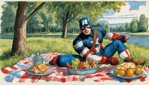 picnic,picnic basket,crudités,family picnic,captain america,apple picking,capitanamerica,steve rogers,summer fruit,barbeque,barbecue,4th of july,food table,fourth of july,saladitos,placemat,americana,seafood boil,american food,pan-bagnat,Art,Classical Oil Painting,Classical Oil Painting 43