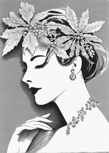 art deco woman,fashion illustration,laurel wreath,leaf drawing,marie leaf,rose leaf,walnut leaf,girl in a wreath,paper art,vintage drawing,vintage woman,bridal accessory,pencil drawings,ethel barrymore - female,headpiece,mucha,lisianthus,dryad,floral silhouette wreath,twenties women,Photography,Black and white photography,Black and White Photography 10