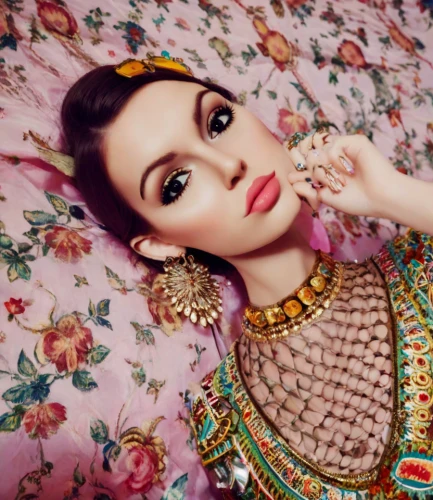 jeweled,oriental princess,vintage makeup,ethnic design,orientalism,embellished,oriental girl,vintage floral,ethnic,vintage woman,jewels,vintage fashion,jewellery,geisha girl,exotic,vogue,retouching,retouch,embellishments,colorful floral