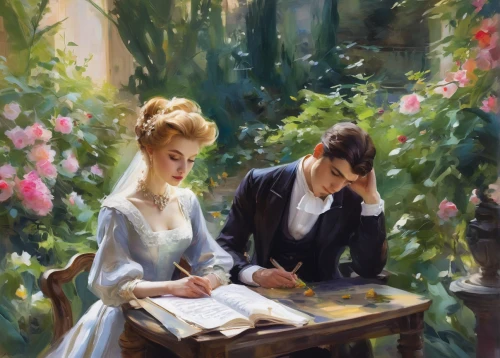young couple,wedding couple,romantic portrait,oil painting,children studying,study,church painting,vintage boy and girl,man and wife,oil painting on canvas,girl studying,painting,readers,art painting,florists,romantic scene,courtship,tutor,vintage man and woman,bride and groom,Illustration,Paper based,Paper Based 11