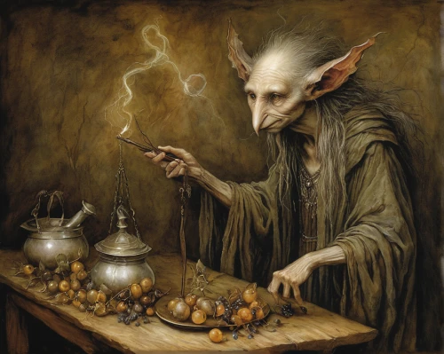 candlemaker,dwarf cookin,apothecary,flickering flame,the collector,tinsmith,watchmaker,spell,magus,fortune teller,goblin,the wizard,divination,the witch,still life with onions,fortune telling,merchant,cauldron,peddler,fantasy portrait,Illustration,Realistic Fantasy,Realistic Fantasy 14