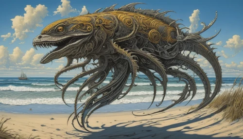 deep sea nautilus,nautilus,sea devil,isopod,sea monsters,kraken,cuthulu,apiarium,sea animal,cephalopod,water creature,the beach crab,arthropod,mergus,cnidarian,cynorhodon,trilobite,varanidae,sci fiction illustration,cnidaria,Illustration,Black and White,Black and White 01