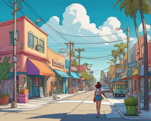 honolulu,oceanside,seaside country,seaside resort,neighborhood,broadway at beach,summer day,shopping street,santa monica,neighbourhood,seaside,resort town,boulevard,ventura,street scene,studio ghibli,street canyon,summer background,tropics,miami,Illustration,Japanese style,Japanese Style 07