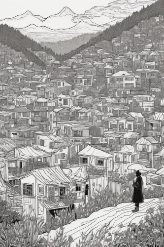 human settlement,slums,athens,hanok,rwanda,bukchon,suburb,malvales,douro,homeland,wooden houses,athenian,urbanization,ajloun,korean village snow,shirakami-sanchi,priorat,suburbs,douro valley,book illustration,Illustration,Black and White,Black and White 19