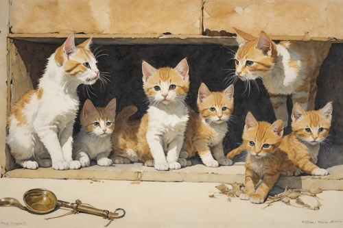 vintage cats,musicians,cats playing,trumpets,trombone concert,brass band,musical ensemble,kittens,orchestra,cat family,trumpet player,handbell,baby cats,stray cats,violinists,flautist,cat supply,trombone player,flugelhorn,quartet in c,Illustration,Paper based,Paper Based 23