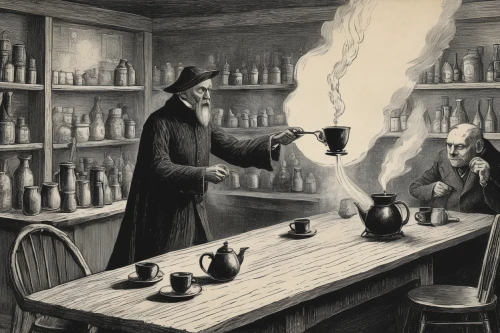 candlemaker,tinsmith,potions,apothecary,alchemy,flickering flame,chemist,kerosene,oil lamp,pouring tea,absinthe,conjure up,toasting,feuerzangenbowle,woman drinking coffee,erlenmeyer,cookery,blacksmith,potion,flaming sambuca,Illustration,Black and White,Black and White 23
