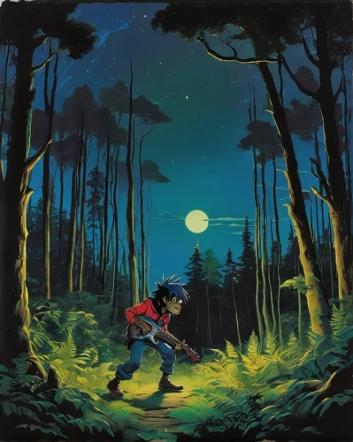 2d,pinocchio,fireflies,star wood,sakana,night scene,fantasia,cartoon forest,frutti di bosco,moon walk,forest man,studio ghibli,happy children playing in the forest,falling stars,moonlit night,shirakami-sanchi,monkey island,wilderness,adventure game,game illustration,Art,Classical Oil Painting,Classical Oil Painting 08