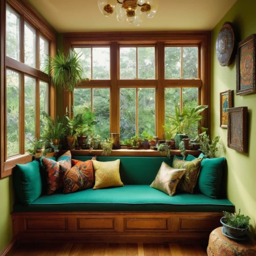 sitting room,green living,wooden windows,bay window,window treatment,house plants,interior decor,living room,wood window,chaise lounge,livingroom,tropical greens,home interior,houseplant,plantation shutters,window sill,window covering,conservatory,interior design,interiors,Illustration,Abstract Fantasy,Abstract Fantasy 09