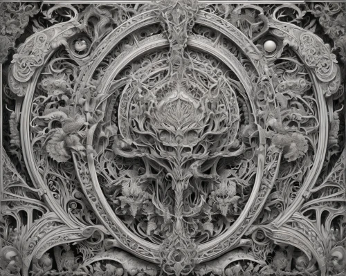mandelbulb,stone carving,embossed,ornate,carved stone,intricate,carved wood,art nouveau design,carved wall,carvings,baroque,decorative element,entablature,paisley digital background,art nouveau frame,wood carving,ornament,floral ornament,fractals art,frame ornaments,Illustration,Black and White,Black and White 03