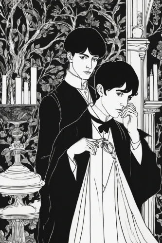 clamp,harry potter,potter,detective conan,shinigami,young couple,bowl cut,vintage illustration,sope,wedding icons,scent of jasmine,perfume,book illustration,husbands,submarine,kimjongilia,sherlock holmes,sherlock,hand-drawn illustration,hogwarts,Illustration,Black and White,Black and White 24