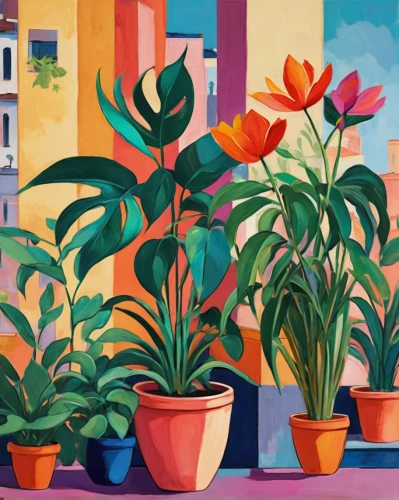 potted plants,house plants,potted plant,houseplant,plants in pots,potted flowers,flowerpots,palm lilies,exotic plants,flower painting,flower pots,plants,plant pots,corner flowers,floral composition,tropical bloom,tropical flowers,balcony plants,container plant,potted palm,Conceptual Art,Oil color,Oil Color 25
