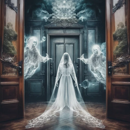 the angel with the veronica veil,dead bride,the threshold of the house,white rose snow queen,apparition,ghost girl,the snow queen,mirror of souls,ghost castle,silver wedding,threshold,bridal clothing,photomanipulation,bridal veil,angelology,mystical portrait of a girl,open door,bridal,ghost,bride,Photography,Artistic Photography,Artistic Photography 07